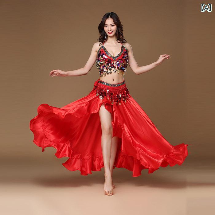 ベリーダンス 衣装 セット 女性用 インド舞踊 ダンスウェア トップス スカート 腰飾り フリンジ 巻き縁 スリット スカート 亮片 流蘇 ポリエステル 赤 ピンク ブルー ゴールド パープル ブラック ホワイト セクシー ストリート ウィンター