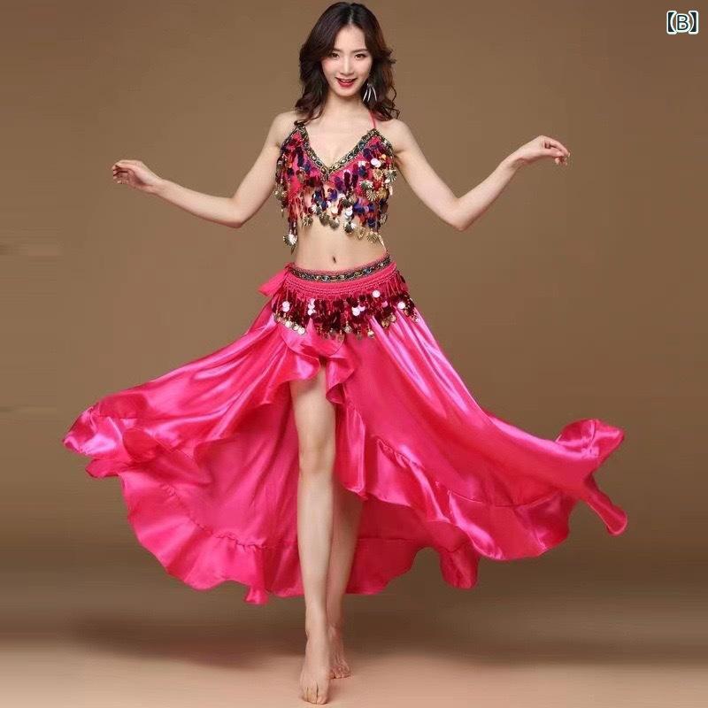 ベリーダンス 衣装 セット 女性用 インド舞踊 ダンスウェア トップス スカート 腰飾り フリンジ 巻き縁 スリット スカート 亮片 流蘇 ポリエステル 赤 ピンク ブルー ゴールド パープル ブラック ホワイト セクシー ストリート ウィンター 2