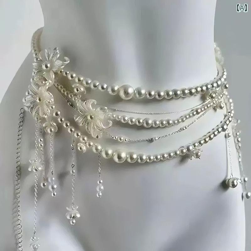 ウエストチェーン 女性用 かわいい フラワー 花モチーフ パール パール 多層 レイヤード フリンジ タッセル 金属 軽量 華奢 華奢デザイン ファッション アクセサリー 腰飾り 腰回り 装飾品 通年 普段使い 百搭 調整可能 80-100cm