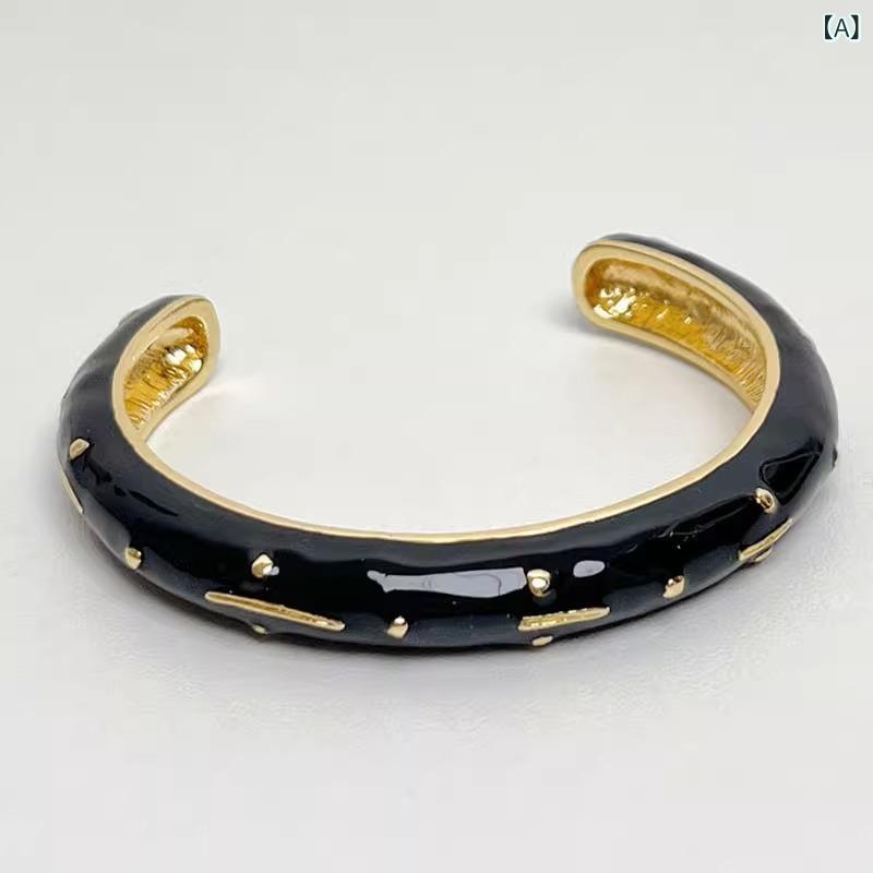 レディース 手首アクセサリー ブレスレット 復古 黒白 ゴールド 柳釘 エナメル 波...