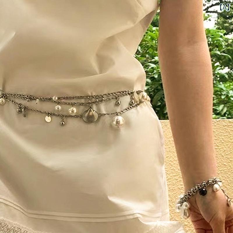 Rakuten - レディース 腰 chain 金属 フリンジ 装飾 銀色 多圈 調整可能 かわいい 甘め 気品 ワンピース 合わせ ボディ chain 通年 百搭 龍虾扣 流蘇 アクセサリー