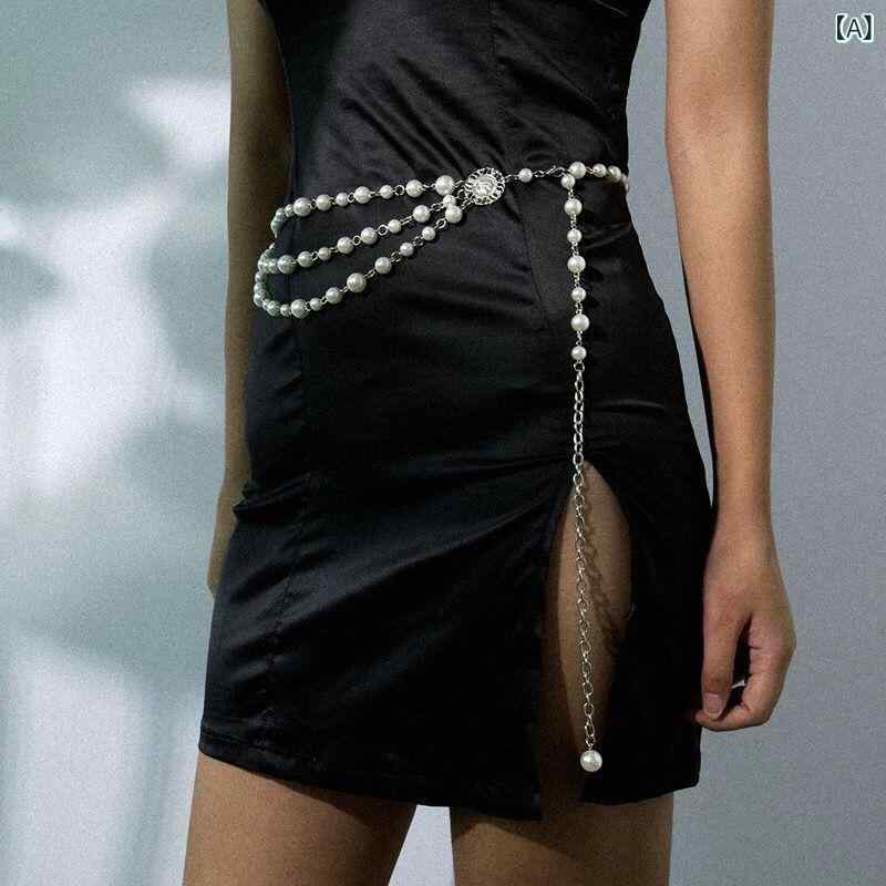 腰チェーン レディース 多層 パール 流蘇 チャイナドレス トップス 女性用 金属 かわいい 気質 シンプル ファッション シルバー ゴールド 銀色 金色 単圈 ロブスターバックル ヒップホップ 春夏 秋 軽量 通勤 普段使い