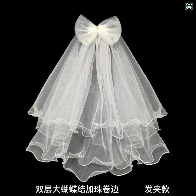 ヘッドアクセサリー 女性用 蝶結 レース ベール 小型 珍珠 装飾 二重 白色 シンプル 巻き縁 結婚式 旅行 撮影 ヘアアクセ かわいい 普段使い 夏