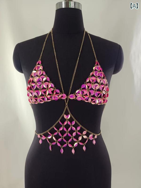 Necklaces, Braclets - キャミソール トップス 女性用 ハルネック ルーズフィット 超短丈 幾何学柄 キラキラ セクシー ボディチェーン ウエストチェーン 切り替え 肩紐取り外し ポリエステル 赤 ブルー ストリート カジュアル 夏 接触冷感 軽量 通勤 普段使い アウトドア