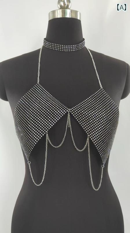 Necklaces, Braclets - ボディチェーン 女性用 ブラック 幾何学デザイン 水晶 ラインストーン ウェーブ フリンジ 金属チェーン ペンダント チョーカー 小型ベスト 装飾 夏 アクセサリー レイヤード ジュエリー 合金 人工宝石