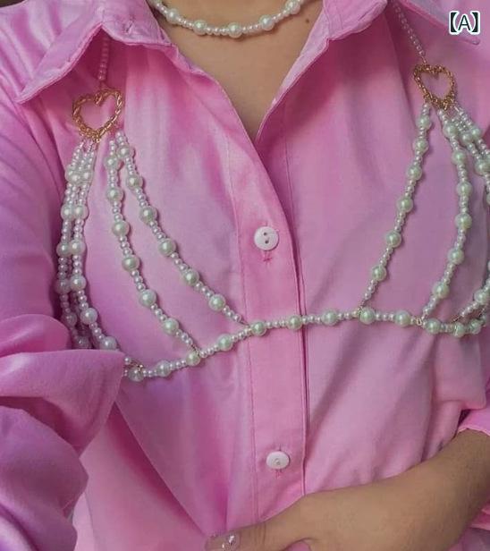 Necklaces, Braclets - 胸飾 胸チェーン ボディチェーン 女性用 合金製 珍珠 大小パール チェーン 華奢デザイン レイヤード 春夏 フェス デート 普段使い パーティー かわいい アクセサリー