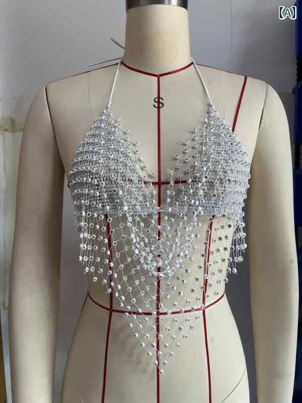 Necklaces, Braclets - トップス レディース ハルタ 背心 魚網 レース セクシー キラキラ ビーズチェーン チェーン 超短丈 不規則 切り替え 掛け紐 肩紐 ポリエステル 無地 白色 ブラック 均码 街頭 ストリート 潮人 個性 クロスボーダー 秋季 秋 無弾性