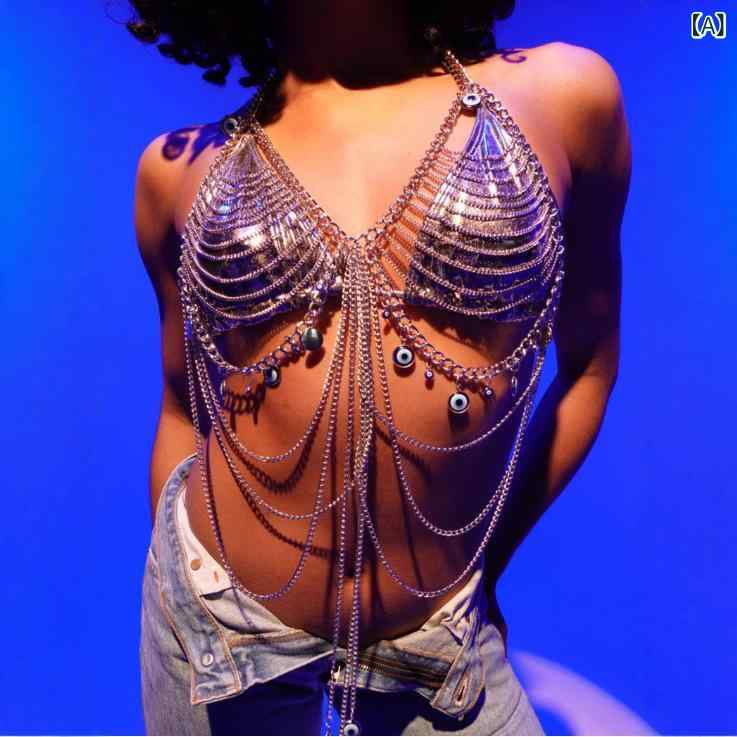 Other , Materials - 胸チェーン トップス レイヤード 女性用 ハングネック 超短丈 ワイドシルエット 幾何学柄 ラメ 合金チェーン ハンドメイド ポリエステル 無伸縮 肩紐取り外し可能 ストリート ルーズフィット レイヤリング