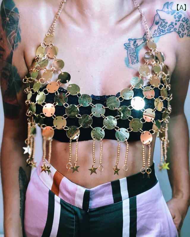 Other , Materials - ハルムトップス 女性用 ハルム小さい背心 掛脖 背中開き 超短丈 不規則シルエット 金色 アクセサリー付き 流蘇チェーン 亮片 街頭スタイル 個性派 夏 接触冷感 軽量 再生繊維 ポリエステル 肩紐 細身 かわいい 派手 キラキラ フェス クラブ ダンス