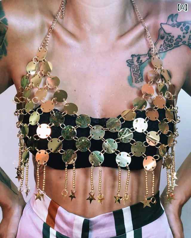 Necklaces, Braclets - トップス レディース 超短丈 小背心 肩紐 取り外し可能 キラキラ セクシー ボディチェーン 合金 チェーン ネックレス 五角星 ペンダント ゴールド 光沢 薄片 ポリエステル ストリート ファッション ワンサイズ 夏 春夏 ユーロスタイル ルーズフィッ