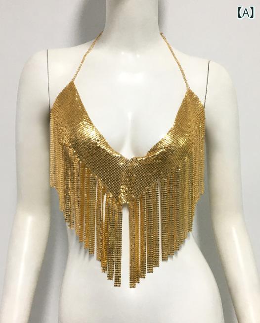 Necklaces, Braclets - キャミソール レディース ハルタネック 金属 ラメ セクシー 背中開き 超短丈 切り替え ポリエステル ゴールド シルバー ブラック 街頭 カジュアル 個性派 無弾性 春夏 トップス ベアトップ ハンギングネック 露出背中 ショート丈 光沢 派手 フェミ