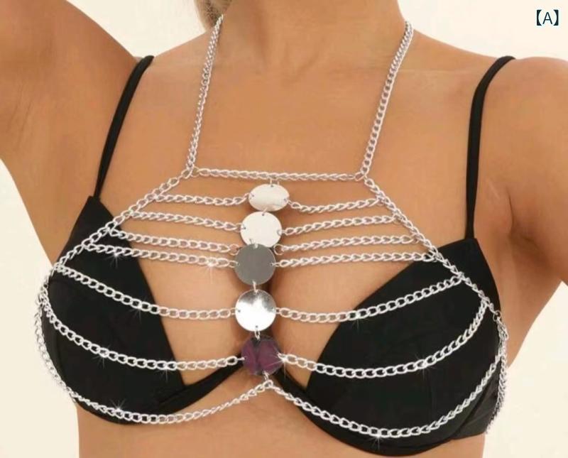 Other , Materials - ボディチェーン 女性用 ハルネック 超短丈 切り替え アクリル 金属チェーン 装飾 シルバー ポリエステル 無弾性 街頭スタイル 個性派 アクセサリー ボディジュエリー ファッション セクシー トレンド