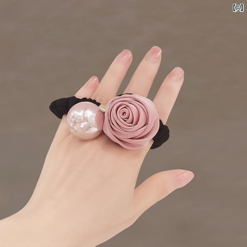 ヘアゴム 髪留め 丸子頭 低め 法式 花飾り 布製 高弾力 手作り 酒红色 ピンク系 秋...