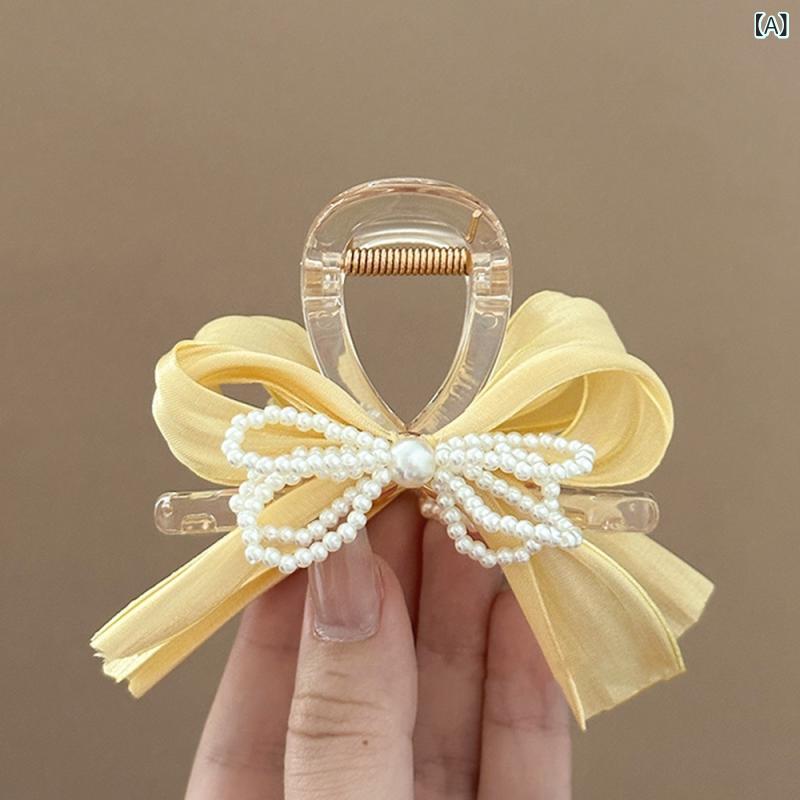 ヘアアクセサリー 女性用 かわいい 珍珠 蝶結 シャーククリップ 後頭部 抓りクリップ シンプル 手作り 夏 接触冷感 日韓 クリア 甘め 清新 軽量 通勤 普段使い