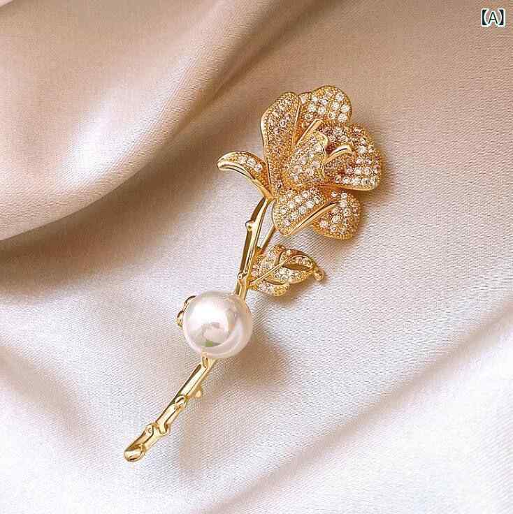 Rakuten - ブローチ 女性用 金色 バラ 花 装飾 ピン 冬 アクセサリー ニット セーター ジャケット コート コーデ 華やか 装い ピンブローチ 花モチーフ 葉 電気メッキ加工 装飾品 かわいい 女性アクセ 冬ファッション