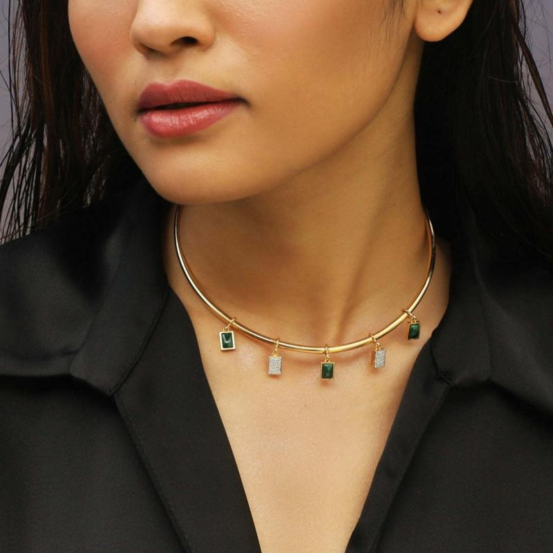 Other , Materials - ネックレス 女性用 グリーン ジュエリー 方形 ペンダント 鎖骨チェーン 幾何学 デザイン 水钻 シルバー ゴールド 2025夏 ファッション 通勤 軽量 欧米スタイル