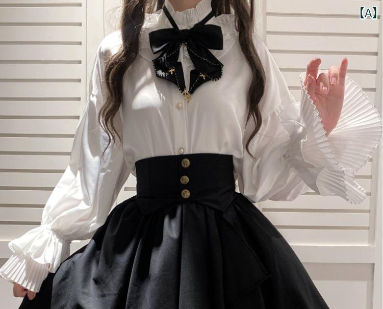樂天商城 - ロリータ 女性用 ゴス風 セットアップ シャツ トップス 束腰 半身スカート 不規則 プリーツ レース チュール スカート 復古 姫袖 長袖 セット 雪ニール 再生繊維 ストレッチ 切り替え 秋冬 プリンセス 袖 かわいい 甘め カジュアル