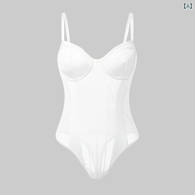 レディース ジャンプスーツ セクシー 透け感 ネット生地 切り替え ノースリーブ ハイウエスト ショートパンツ タイトフィット 中弾性 薄手 接触冷感 ストレッチ 聚酯繊維 氨纶 ホワイト ブラック ストリート セクシーガール 秋冬 通勤 普段使い カジ