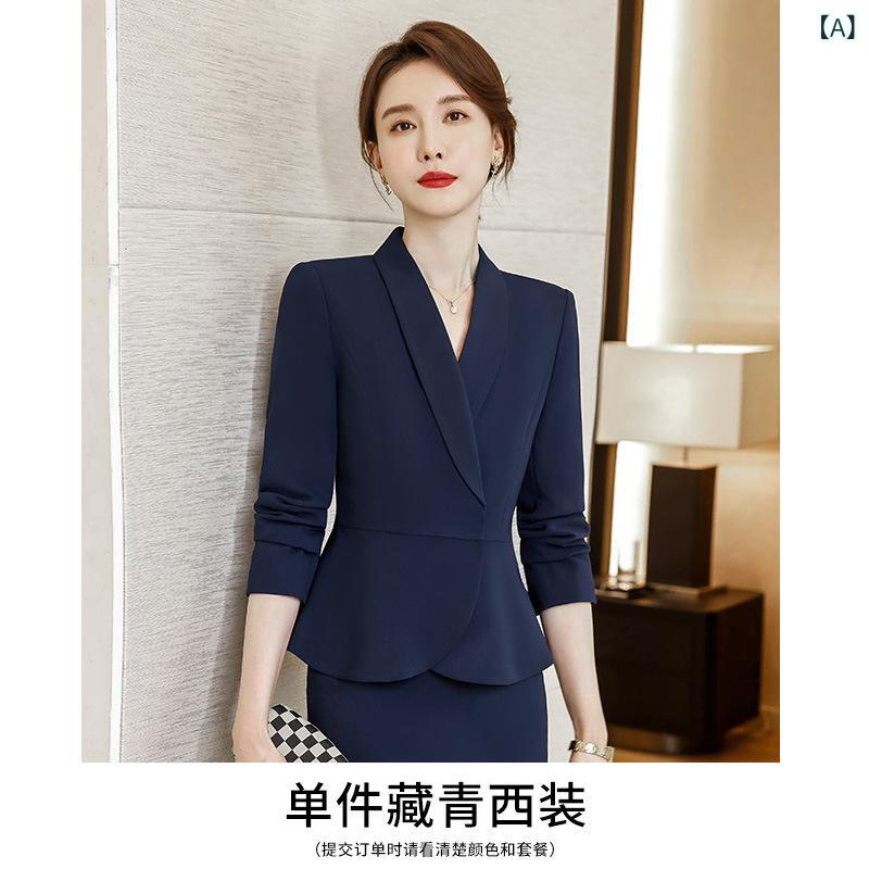 Rakuten - 女性 西装 セットアップ 女性用 小柄対応 干練 気質 高級感 通勤 ホテル前台 制服 秋 秋冬 長袖 九分丈パンツ スカート 組み合わせ ポリエステル スパンデックス ストレッチ ネイビー ブラック グレー ビジネス カジュアル セット レディース