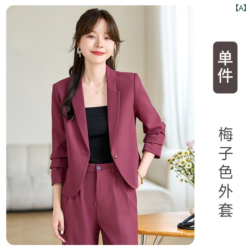 樂天商城 - レディース スーツセット 梅子色 ミントピンク 秋冬 職業服 通勤 セットアップ ジャケット パンツ セット ショート丈 ポリエステル スパンデックス ストレッチ 長袖 ロングパンツ ゆったり 低身長対応 カジュアルビジネス 気品 高級感