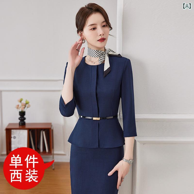 Rakuten - 夏季 OL セットアップ 女性用 修身 セット スーツ 通勤 制服 ホテル 受付 美容院 珠宝店 事務服 トップス スカート パンツ 七分袖 短スカート 深色 グリーン ブラック ポリエステル 聚酯繊維 気質 ビジネス 普段使い