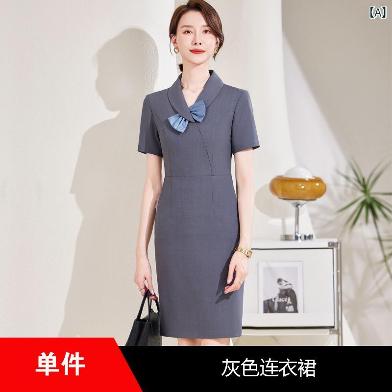 樂天商城 - ワンピース レディース 通勤用 夏 気質 Aライン 中長丈 ハイウエスト 西装領 短袖 蝶結び 接触冷感 ポリエステル スパンデックス グレー ブラック 免烫 拉链 基本款 単品 気質通勤 仕事着 ホテル前台 販売員 事務服 軽量 伸縮性 吸湿速乾