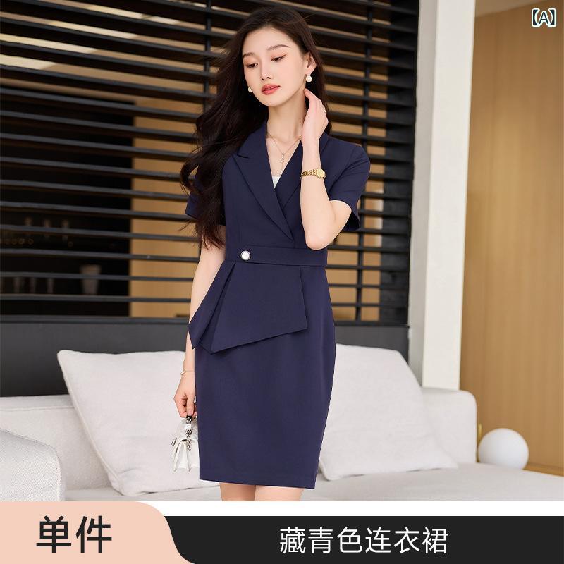 Rakuten - ワンピース レディース 通勤用 夏 短袖 西装領 Aライン 中長丈 ハイウエスト ボタン ポリエステル 混紡 免烫 気質 紺色 グレー 基本款 単品 ジッパー