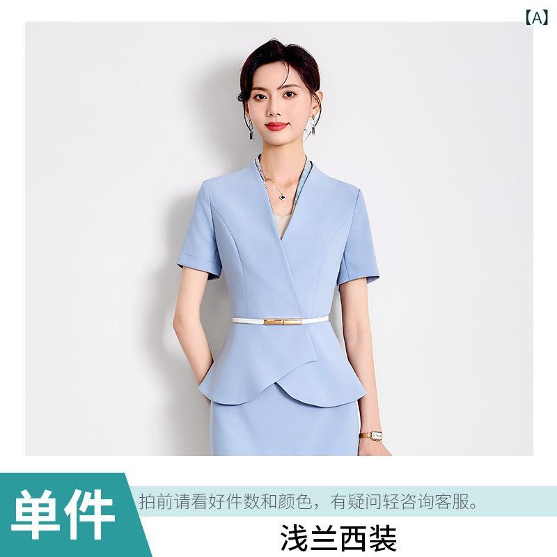 樂天商城 - レディース 短袖 セットアップ スカート スーツ 通勤 事務服 美容院 仕事着 接触冷感 ポリエステル ポリウレタン ストレッチ ライトブルー ネイビー ブラック 短めスカート 膝丈 春夏 OLスタイル ハイウエスト 軽量 通年使い