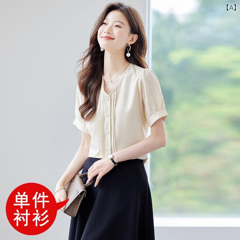 乐天商城 - シャツ 女性用 春夏 杏色 ホワイト Vネック 短袖 切り替え ボタン ポリエステル スパンデックス 接触冷感 吸湿速乾 免烫 軽量 通勤用 普段使い 気質 スリム かわいい トップス ブラウス プルオーバー カジュアル ソフト素材 ビッグシルエット