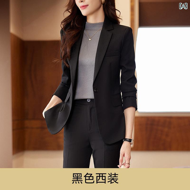Rakuten - スーツ レディース 秋冬 グレー ジャケット セット ブラック ブルー 長袖 ロングパンツ 修身 職業 仕事着 通勤 高級感 気質 セットアップ テーラードジャケット テーパードパンツ ビジネスカジュアル