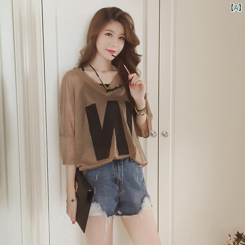 Rakuten - Tシャツ レディース 夏 セット トップス かわいい 韓国風 ゆったり Vネック 吊り下げ 短袖 ワイド ルーズフィット スリム効果 大きいサイズ 接触冷感 ポリエステル 印花 字母柄 ミドル丈 ベーシック ブラック ホワイト ベージュ 日韓カジュアル