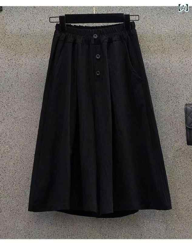 乐天商城 - レディース スカートパンツ 夏 春夏 クロップドパンツ 七分丈 スカート ズボン 女性用 大きいサイズ 100kg対応 ゆったり ワイドレッグ ハイウエスト 撫で尻 ポッコリお腹カバー ポリエステル ポリ 切り替え ボタン ミッドウェイト 微弾性 ブラッ