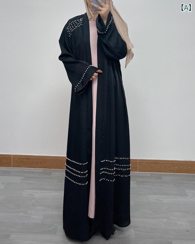 Tunics - ロングドレス 女性用 開衫長袍 黒 ワインレッド ポリエステル 長袖 ビーズ刺繍 立体装飾 民族風 秋冬 ゆったりシルエット 秋服 ロングスカート エレガント ローブ ワイドシルエット 秋物 ワインレッド系