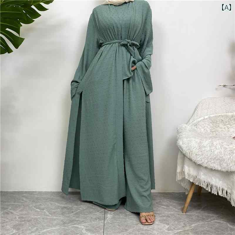 Tunics - イスラム服 ロングローブ 3点セット レディース 長開衫 無袖トップス ロングパンツ ポケット付き ポリエステル 切り替え ライトグリーン ブラック ネイビー ベージュ グレー 長袖 膝下丈 エレガント 普段使い 通勤 通年