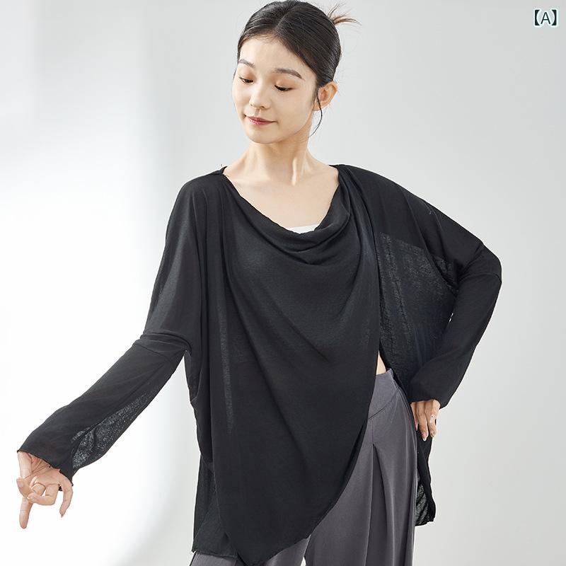 Sports, Outdoors - 女性用 ダンス トップス ロング丈 ワイドシルエット 中国舞 民族舞 現代舞 練習着 ステージ衣装 罩衫 天竺麻素材 綿混 ポリエステル裏地 接触冷感 通年対応 ブラック ミルクカフェ ブルー アイボリー ライトイエロー アプリコット ゆったり 伸縮性