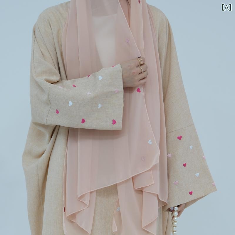 ロングカーディガン ローブ 刺繍 民族風 長袖 ロングスカート 口袋付き ポケット 春夏 接触冷感 ポリエステル 麻混 かわいいハート刺繍 カーキ ピンク ブルー グレー グリーン コーヒー 香芋色 ゆったり 軽量 通勤 普段使い アウトドア