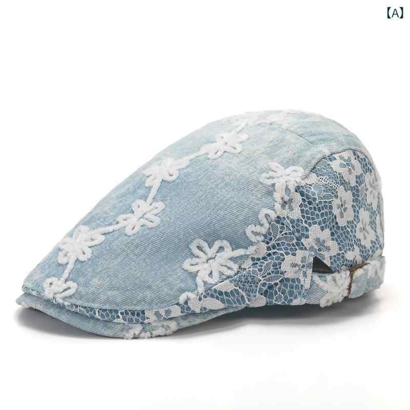 ベレー帽 レディース 花刺繍 切り替え レース デニム かわいい 復古 日系 森ガール 春夏秋冬 通年 ライトブルー ダークブルー ミドルブルー 防晒 遮陽 透気 コットン 調整可能 丸頂 曲檐 植物花柄 軽量 普段使い アウトドア