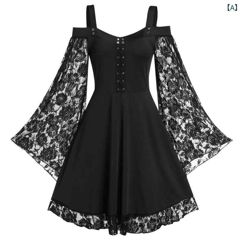 ワンピース レディース 一枚仕立て ブラック インクグリーン ワインレッド レース 切り替え フラワープリント 花柄 植物柄 ボートネック ワンショルダー フレア袖 ラッパ袖 長袖 中丈 不規則ヘム ミドル丈 中腰 スリムフィット 修身シルエット 気質