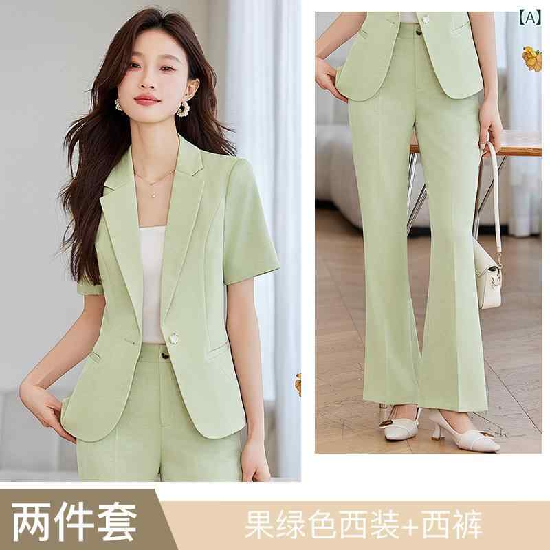 Other Jackets Jumpers - レディース 西装 セットアップ 短袖 夏服 職業服 通勤服 薄手 涤纶 柳絽 風 微喇 ワイドパンツ フルレングス ライトグリーン ピンク アプリコット 爽やか カジュアル 百搭
