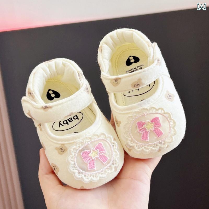 ベビーシューズ 女の子用 春秋 プリンセスシューズ 透気性 綿素材 防滑 学歩き靴 かわいい 布靴 ゴム底 軽量 柔らか 魔術テープ 米色 茶色 室内外
