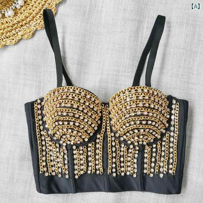 Camisoles - チューブトップ キャミソール レディース セクシー 低胸 肩紐取り外し 短丈 魚骨補強 輝くラインストーン チェーン装飾 重金属風 修身 高弾性 再生繊維 ブラック ゴールド シルバー 街頭スタイル 切り替えデザイン