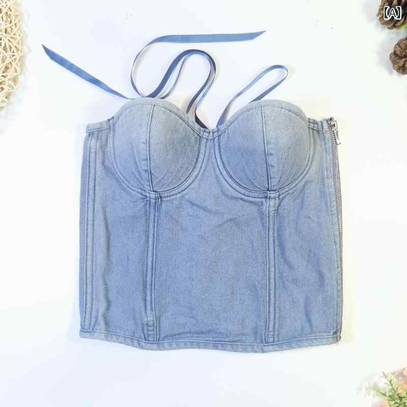 Camisoles - キャミソール レディース 牛仔 抹胸 ブラトップ タイト ウエストシェイプ バインダー 背中開き 美背 露出背中 バインダー外穿 肩ストラップレス ハンギングネック 紐調整 短丈 グラデーション柄 デニムブルー 綿混 コットン デニム生地 ストレッチなし