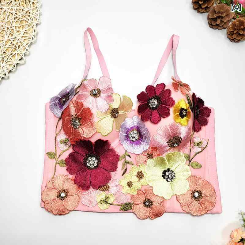 キャミソール トップス レディース 立体花柄 吊り紐 免ブラ ステージ風 スパイシー...