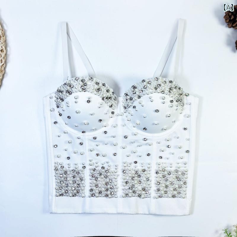 Camisoles - キャミソール レディース 吊り下げ式 ブラトップ 魚骨補強 胸パッド 付き インナー 修身 超短丈 立体装飾 珍珠 水晶 ビーズ 美背 中弾性 ポリエステル スパンデックス 白色 ブラック セクシー ストリート 欧美風 接触冷感 軽量 伸縮性 高級感