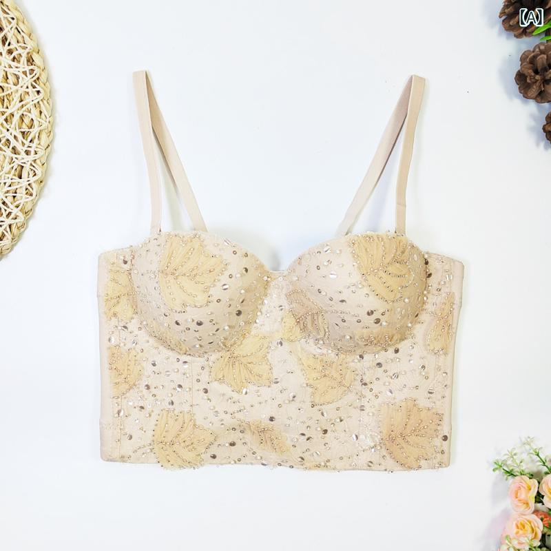 繫肩帶 - チューブトップ 女性用 セクシー 防走光 肩ストラップ 切り替え レース ビーズ刺繍 タイト 美しい背中 トップス 短丈 ポリエステル ストレッチ 杏色 街頭スタイル 夏 接触冷感 軽量 伸縮性 ビッグシルエット Vネック