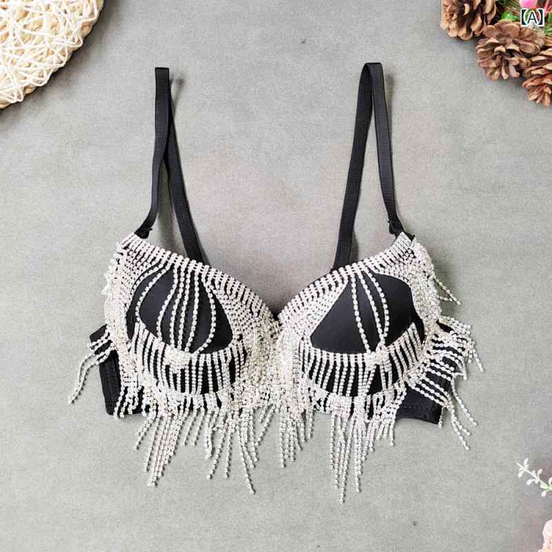 クロップドトップ 情趣ブラ 女性用 超短丈 小さめ文胸 流す刺繍 ラインストーン ビーズ 付け 薄上厚下 模杯 三角カップ 寄せ上げ 上托き プッシュアップ 透気性 無縫 美背 大露背 塑形 ブラトップ アウター 夜店 裹胸 ブラレット 黒 ポリエステル