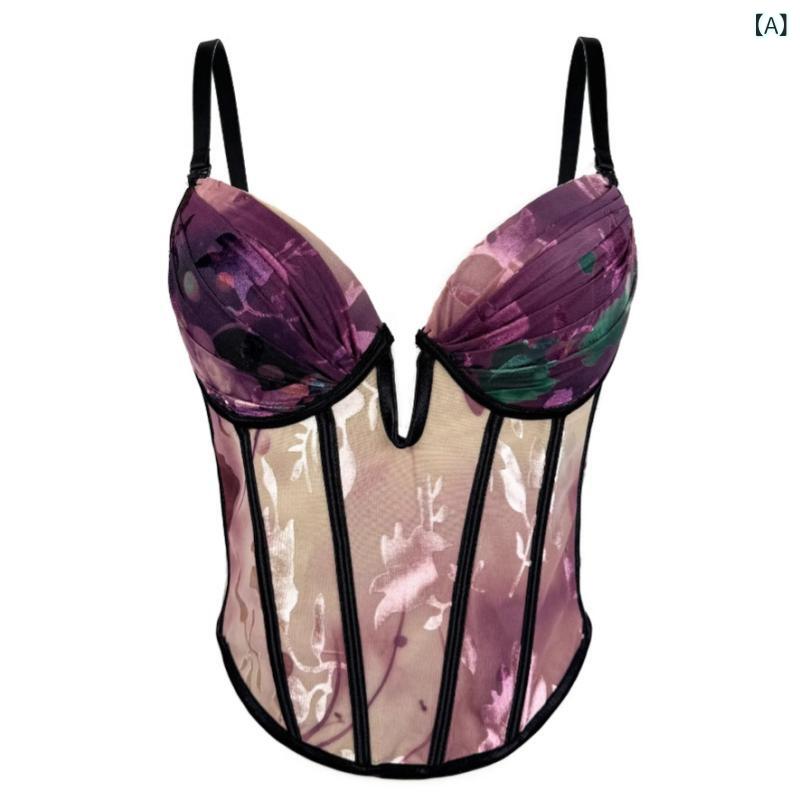 Camisoles - キャミソール レディース 吊り帯 インナー 切り替え デザイン 花柄 プリント 外出着 胸パッド 付き ボディシェイプ 魚骨 補強 ショート丈 修身 シルエット 紫色 杏色 橙色 ポリエステル スパンデックス ミックス 中弾力 接触冷感 伸縮性 チェーン