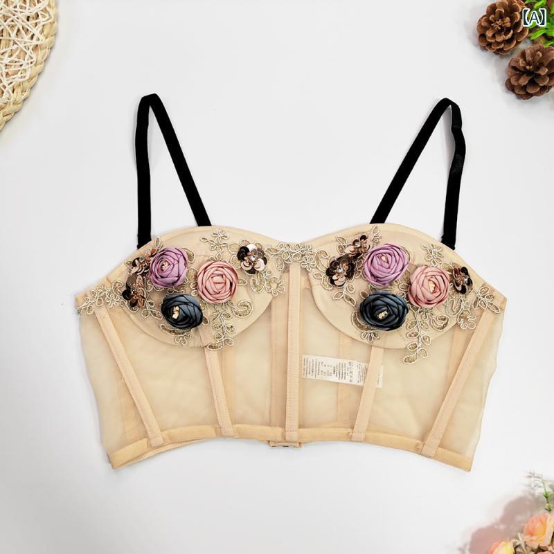 Camisoles - キャミソール レディース 花柄 網纱 透け感 抹胸 肩ストラップ 超短丈 修身 切り替え 透視 露背 立体装飾 釘珠 拉链 撞色 花朵 柄 夏 接触冷感 再生繊維 ベージュ かわいい デザイン トップス インナー