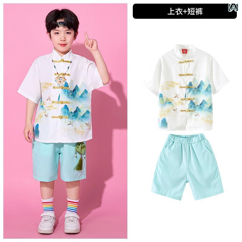 キッズ 子供 男女兼用 漢服 チャイナ風 踊り衣装 夏 短パン セット 馬面スカート ...
