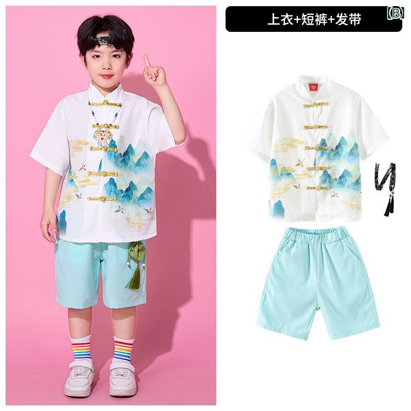 キッズ 子供 男女兼用 漢服 チャイナ風 踊り衣装 夏 短パン セット 馬面スカート ...